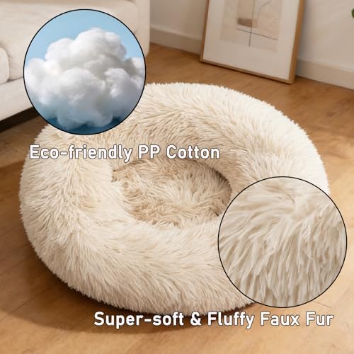 Calming Donut Dog Bed Medium Size Dog - Washable Removable Cover Non-Slip Bottom, Round Pet Bed Cat Bed Warming Fluffy Plush Faux Fur Anti-Anxiety, Fits up to 45 lbs (Beige, 30")