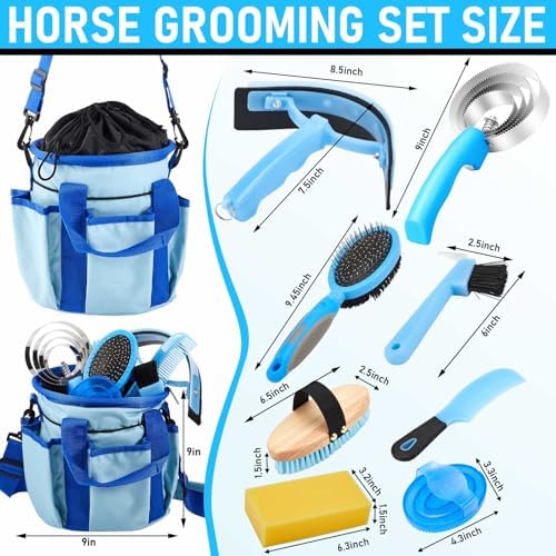 Cunhill 9 Pcs Horse Grooming Kit Tack Room Supplies, Classic, Light Blue