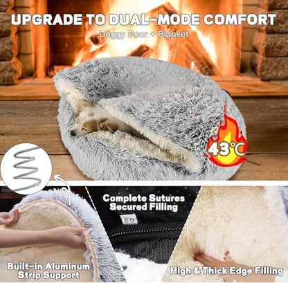 YUDANSI Calming Small Dog Bed & Indoor Cat Bed - Plush Fluffy Hooded Cave Nest, Anti-Slip Self-Warming, Removable Washable Zipper Cover, Built-in No-Collapsing Support (Grey-65cm/26in)