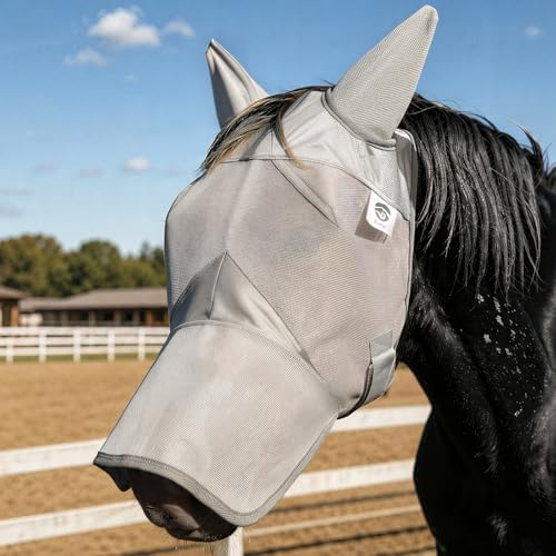 Raelitego Horse Fly Mask with Ears & Nose, Breathable Mesh, UV Protect (XS)