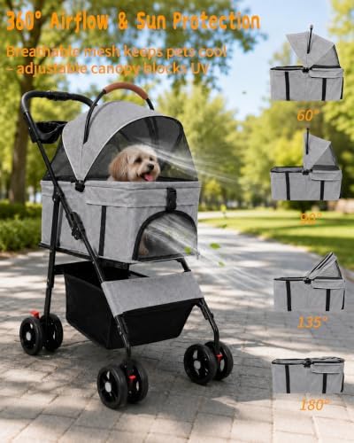 Pet Stroller, 3 in1 Foldable Dog Cat Stroller with Detachable Carrier-Gray