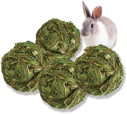 PINVNBY Hay Balls for Rabbits,4 PCS 100% Natural Timothy Hay Bunny Chew Toys Small Animal Teeth Grinding Activity Woven Play Ball for Rabbit,Guinea Pigs,Hamsters,Chinchillas