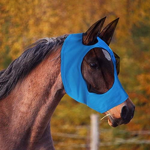 Weewooday 2 Pcs Horse Fly Mask with Ears, Soft Stretchy Horses Face Masks for Flies, Breathable Mesh Eye Cover, UV Protection Horse Masks for Pasture, Barn, Turnout(L,Blue, Black)
