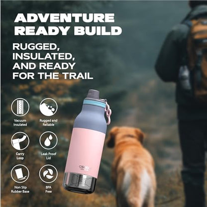Asobu Barky Bottle a Stainless Steel Insulated Water Bottle for with Removable Dog Water Bowl and Dog Food and Treat Storage Bowl (Pastel Pink, 34 Oz)