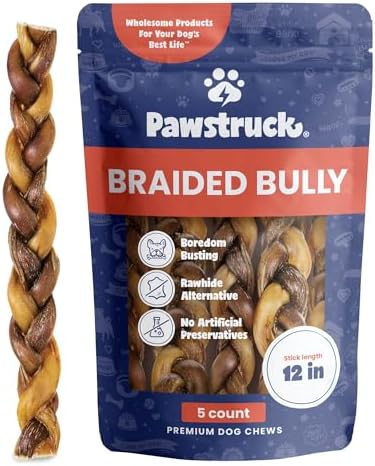 Pawstruck Natural 12" Braided Bully Sticks for Dogs – Tough, Long-Lasting, Rawhide-Free, Low-Odor, Single Ingredient Chew Treat for Aggressive Chewers – 5 Count – Packaging May Vary