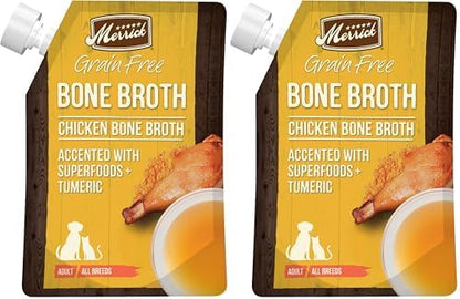 Merrick Grain Free Bone Broth, Premium Human Grade and Gluten Free Dog and Cat Food Topper Pouches, Chicken - 16 oz. Pouch (Pack of 2)