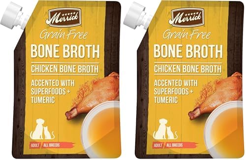 Merrick Grain Free Bone Broth, Premium Human Grade and Gluten Free Dog and Cat Food Topper Pouches, Chicken - 16 oz. Pouch (Pack of 2)