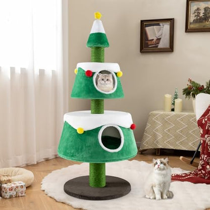 PETSITE 60 inch Cat Christmas Tree, Cute Cat Tower with 2 Condos, Sisal Scratching Posts, Spring Toy, Removable Beds, Modern Holiday Cat Tree Tower for Indoor Cats