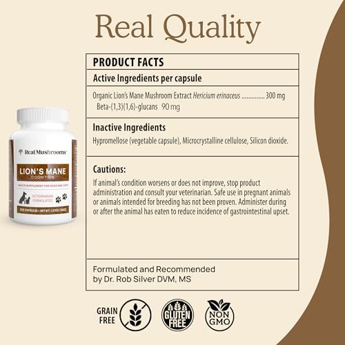 Real Mushrooms Lion's Mane Supplement for Cats and Dogs, 120ct