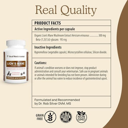 Real Mushrooms Lion's Mane Supplement for Cats and Dogs, 120ct