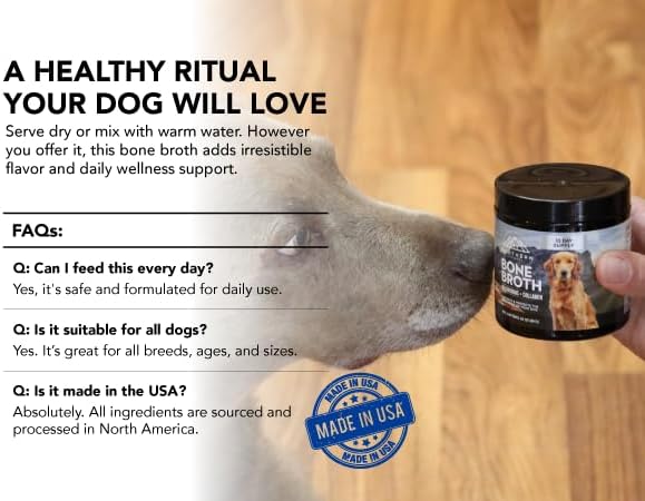 Bone Broth for Dogs – Grass-Fed Beef Protein Powder with Medicinal Mushrooms – Supports Hips, Joints, Digestion & Immunity – All-Natural Food Topper – 60 Servings (3 oz, 83 Grams)