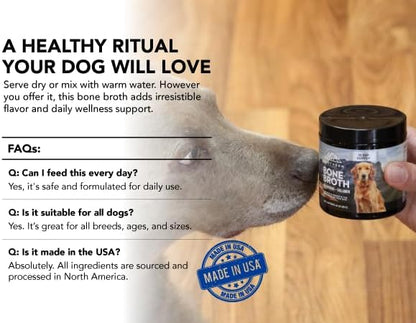 Bone Broth for Dogs – Grass-Fed Beef Protein Powder with Medicinal Mushrooms – Supports Hips, Joints, Digestion & Immunity – All-Natural Food Topper – 60 Servings (3 oz, 83 Grams)