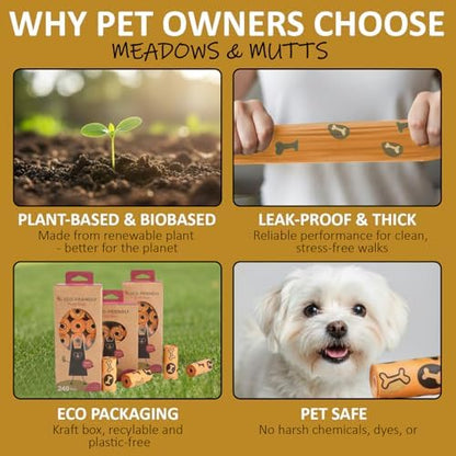 MEADOWS & MUTTS Dog Poop Bags - 240 Count Compostable Biodegradable Plant Based Pet Waste Bags | Leak Proof Extra Thick | Lavender Scented Eco-Friendly Puppy Poop Bags