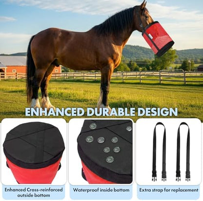 Horse Feed Bag Pack of 2 (Reinforced Bottom Edging), Feed Bags for Horses with Ventilation Mesh, Comfort Nose Pad Neck Pad, Adjustable Strap, Spill Proof Design for Feeding Grain, Supplements