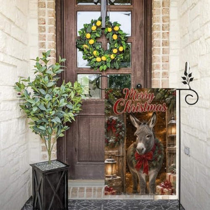 Christmas Donkey Garden Flag 12x18 Inch Merry Holiday Wreath Bow Lantern Gifts Snowy Barn Rustic Farmhouse Outdoor Yard Lawn Porch Double Sided Banner Winter Welcome Decor