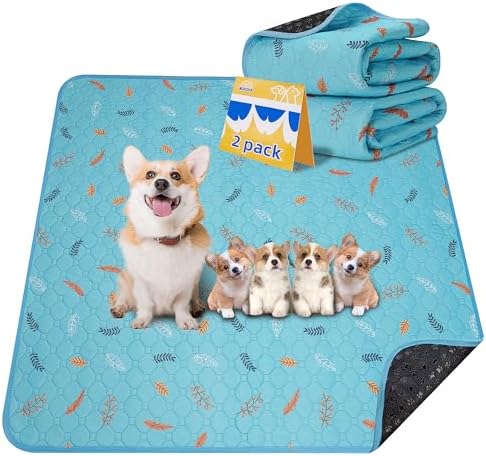 Sunheir Washable Pee Pads for Dogs 2-Pack Reusable Puppy Pet Training Pads, Waterproof Dog Crate, Whelping Pad, Non-Slip Protects Against Urine Leakage (Leaves - Sky Blue, 36x41) F-U1