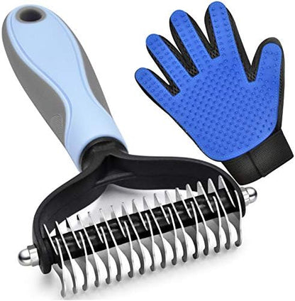 GOESWELL Double-Sided Undercoat Rake for Pet Grooming - Shedding and Dematting Comb with Grooming Glove (Blue 2 Pack)