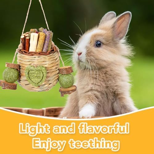 Jorewood Rabbit Chew Toys,Natural Hanging Basket with Sweet Bamboo,Timothy Hay,Peach Sticks for Bunny Chinchillas Guinea Pigs Hamsters Rats Teeth Grinding