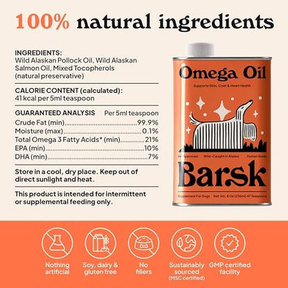 Barsk Wild Alaskan Fish Oil for Dogs & Cats - Supports Itchy Skin Relief, Shiny Coat, Joint & Heart Health – Salmon Oil Formula High in Omega-3, EPA & DHA – Tasty Cat & Dog Food Toppers for Dry Food