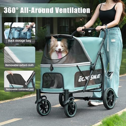 EchoSmile Dog Stroller for Large Dogs, 135lbs Weight Extra Large Pet Stroller, 4 Wheels Cats & Dogs Carrier with Brakes, Breathable Mesh Windows & Pocket, Green