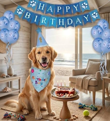 Dog Birthday Party Supplies, Dog Birthday Bandana Set, Blue