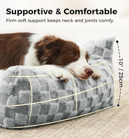 Made4Pets Cat and Dog Indoor Couch Bed, Soft Faux Fur Checkered Pet Sofa, Cozy Fluffy Pet Sofa with Supportive Foam, Removable Washable Cover with Non-Slip Base, Grey, Medium
