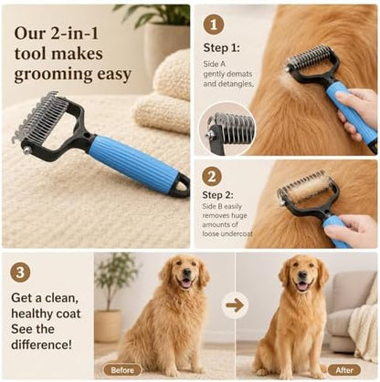 Pet Grooming Brush, Double-Sided Deshedding Dematting Tool for Dogs & Cats, Detangling Tool For Matted Fur, Ideal For Medium Or Long Haired Breeds (Pink)