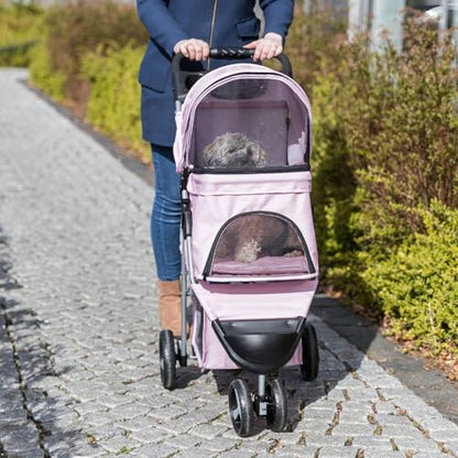 Trixie Foldable Pet Stroller for Cats and Dogs, Pet Carrier Strolling Cart with Weather Cover, Storage Basket, Cup Holder, Pink