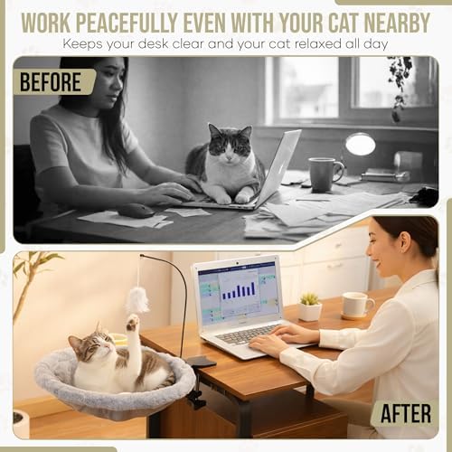Cat Desk Bed for Home Office – Sunken Clamp-On Cat Hammock Holds 40 lbs | Fits Desks 0.8-2.4", 14" Washable Nest, Non-Slip Heavy-Duty Mount, Space-Saving Cat Perch for Remote Workers