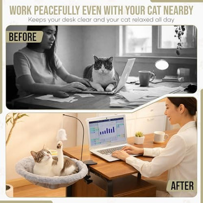 Cat Desk Bed for Home Office – Sunken Clamp-On Cat Hammock Holds 40 lbs | Fits Desks 0.8-2.4", 14" Washable Nest, Non-Slip Heavy-Duty Mount, Space-Saving Cat Perch for Remote Workers