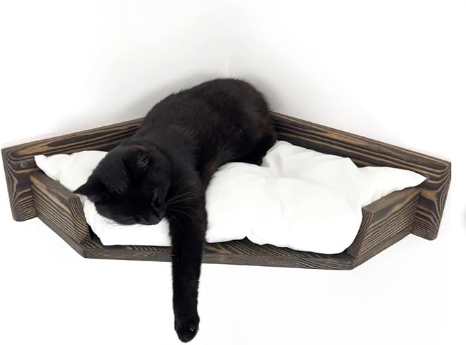 Cat Bed, Wall-Mounted Wooden Corner, Wall Furniture, Cat Corner Wall Shelf Bed with Cushion, Easy to Install (Black, Pillow Color White)