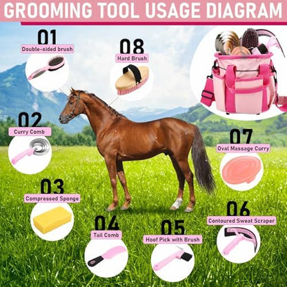Cunhill 9 Pcs Horse Grooming Kit Tack Room Supplies, Classic, Pink