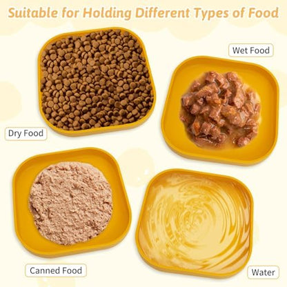 Fhiny 2PCS Silicone Cat Bowls Set 5.9 x 5.9 in Shallow Dog Dish Whisker Friendly Cat Food Plate for Dry & Wet Food Dishwasher Safe Non-Slip Pet Feeding Bowls for Kittens and Puppies (Yellow)