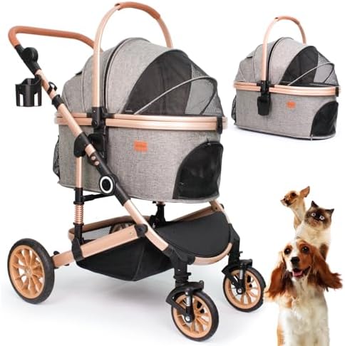 Bicystar Dog Stroller with Detachable Carrier, Rubber Wheels, 50 lbs, Grey