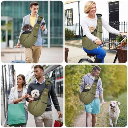 CUBY Adjustable Dog Cat Sling Carrier with Padded Hard Bottom Pet Carrier Sling Soft Carrying Puppy Bag for Small Dogs Cats Outdoor Travel(Green)
