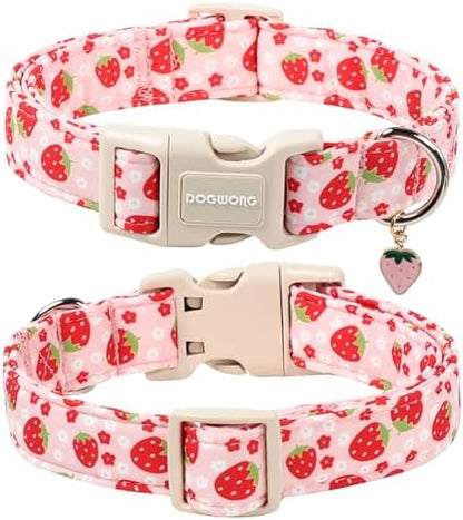 DOGWONG Cotton Handmade Daisy Flower Dog Collar Cute Pink Strawberries Dog Collars with Pendant for Girl Boy Dogs,M