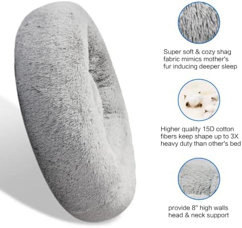 SAVFOX 45 inches Calming Donut Dog Bed - 3X Durable Plush Faux Fur, Machine Washable & Non-Slip, Fits up to 150 lbs, Light Grey