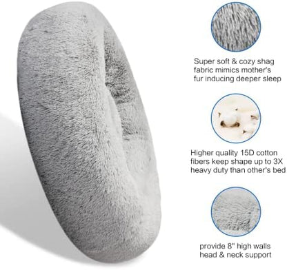 SAVFOX 45 inches Calming Donut Dog Bed - 3X Durable Plush Faux Fur, Machine Washable & Non-Slip, Fits up to 150 lbs, Light Grey