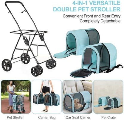 Double Pet Stroller for 2 Cats or 2 Dogs with Detachable Carriers