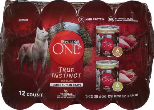 Purina ONE True Instinct Tender Cuts in Gravy with Real Turkey and Venison & with Real Chicken and Duck High Protein Wet Dog Food Variety Pack - 13 oz. Cans,(Pack of 24)