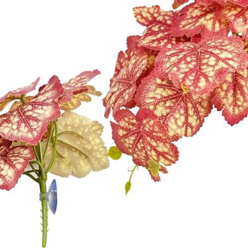 Woyrise Reptile Plants, Terrarium Hanging Plants Vines for Reptile Tank, Amphibian Habitat Leaves Decor with Suction Cup for Bearded Dragon Lizard Snake Gecko Frog Hermit Crab - 2Pcs Pink Heuchera