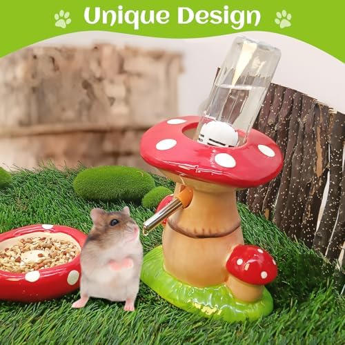 BNOSDM Hamster Water Bottle No Drip Ceramic Hamster Water Bottle for Glass Tank - 80ML Water Dispenser with Mushroom Stand Holder for Syrian Hamsters, Dwarf Hamsters, Mice, Gerbils(red)