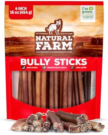 Natural Farm Odor-Free Bully Sticks (4”, 16oz) All-Natural Long-Lasting Chews, 100% Beef Pizzle, Grass-Fed, Grain-Free, Hormone-Free, Protein for Muscle Development & Energy, Perfect for Small Dogs