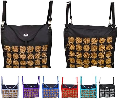 Majestic Ally Animal Health Hay Bag for Horses, 2.5" Holes, Top Load, Travel Feeder, Reduces Waste, 1 Year Warranty, Multiple Colors (Black-Black)