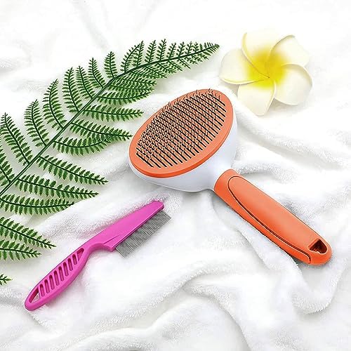 Cat Brushes for Indoor Cats, Dog Brush for Shedding with Metal Cat Comb, Self Cleaning Pet Hair Brush with Release Button for Grooming Kitten(Orange)