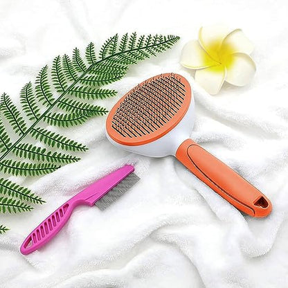 Cat Brushes for Indoor Cats, Dog Brush for Shedding with Metal Cat Comb, Self Cleaning Pet Hair Brush with Release Button for Grooming Kitten(Orange)