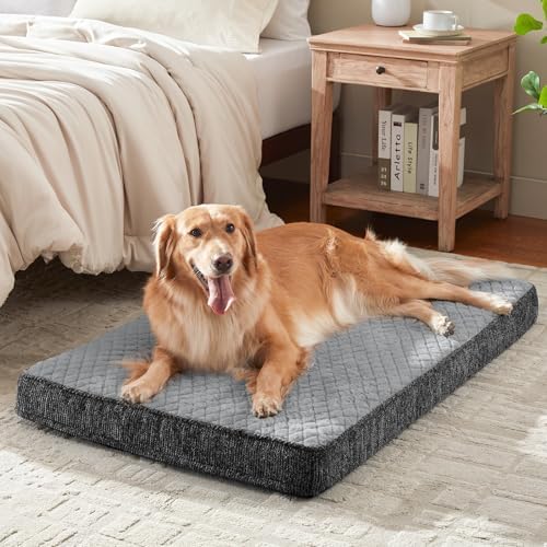 JOEJOY Orthopedic Dog Bed for Large Dogs, Washable Dog Crate Bed Large Sized with Removable Cover, Egg Memory Foam Big Pet Beds, Light Grey, 35"x22"