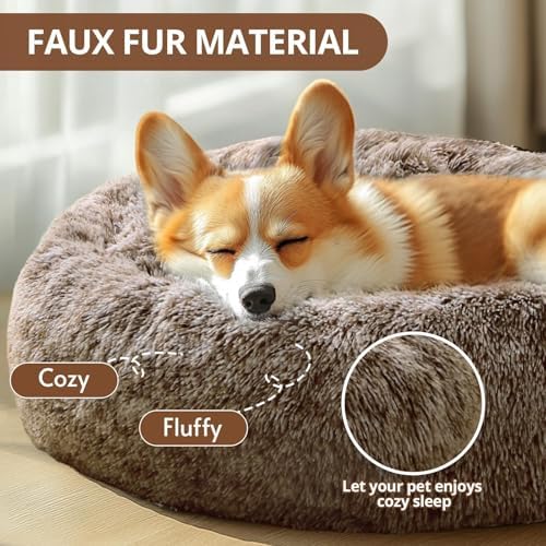 JOLLYVOGUE Calming Dog Bed Medium Size Dog, Anti-Anxiety Donut Medium Pet Bed, 27 inches Fluffy Faux Fur Round Cat Bed (Smoke Brown)