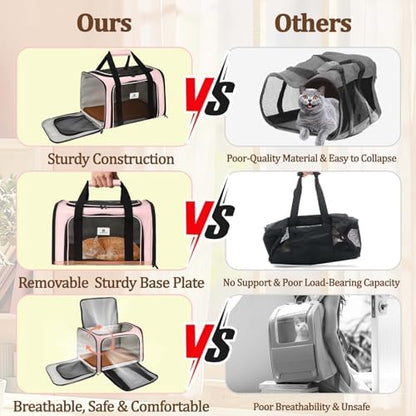 Cat Carrier Dog Carrier - Soft-Sided Cat Carrier with Plush Pad & Cooling Mat, Easy-Load 4-Side Zipper & 3-Side Mesh Ventilation, Pet Carrier Airline Approved for Cats/Dogs Up to 16 lbs, Pink