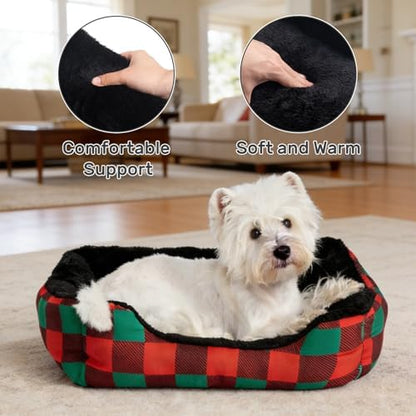 Hollypet Printed Flannel Rectangle Plush Dog Cat Bed Self-Warming Pet Bed, Christmas Red and Green Check